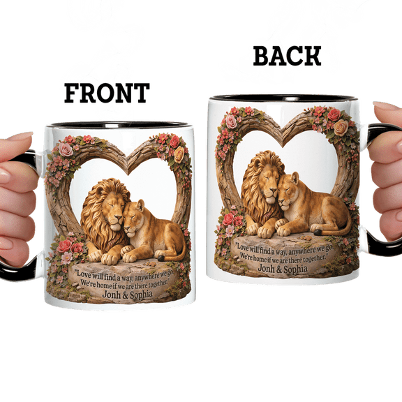 Lotusprinthandmade 3D Illusion Personalized Lion Couple Accent Mug 11oz, Flat 2D Print (Black)