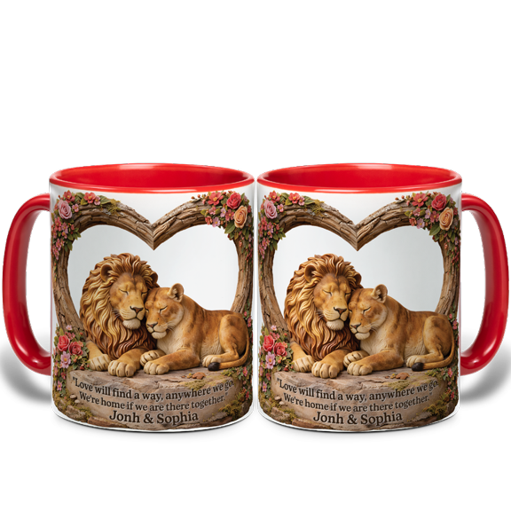 Lotusprinthandmade 3D Illusion Personalized Lion Couple Accent Mug 11oz, Flat 2D Print (Red)