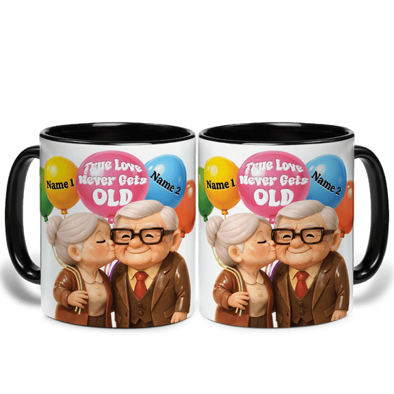 Lotusprinthandmade 3D Illusion Personalized Old Couple Accent Mug 11oz, Flat 2D Print (Black)