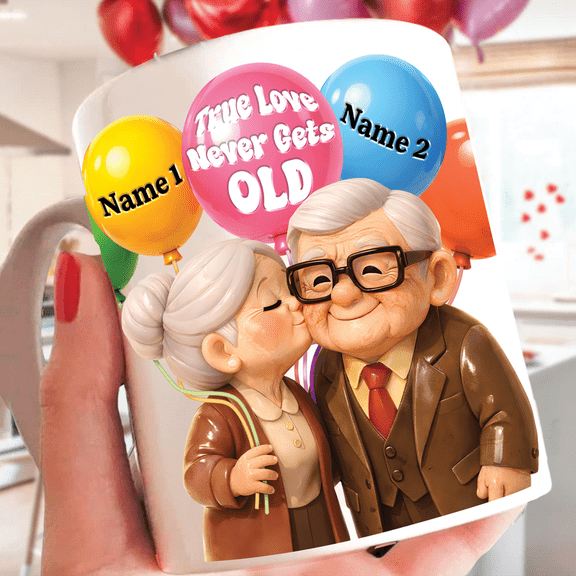 Lotusprinthandmade 3D Illusion Personalized Old Couple Ceramic Mug 15oz, Flat 2D Print (White)