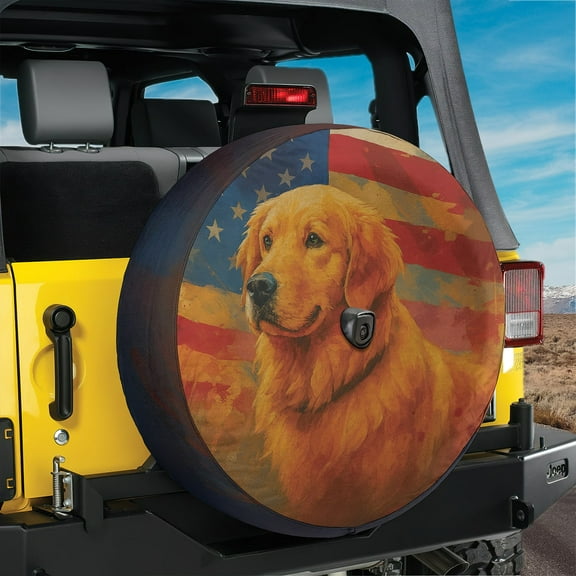 Lotusprinthandmade 3D Patriotic Golden Retriever Dog America Flag Spare Tire Cover With Backup Camera Hole 6 Sizes (27 in.)