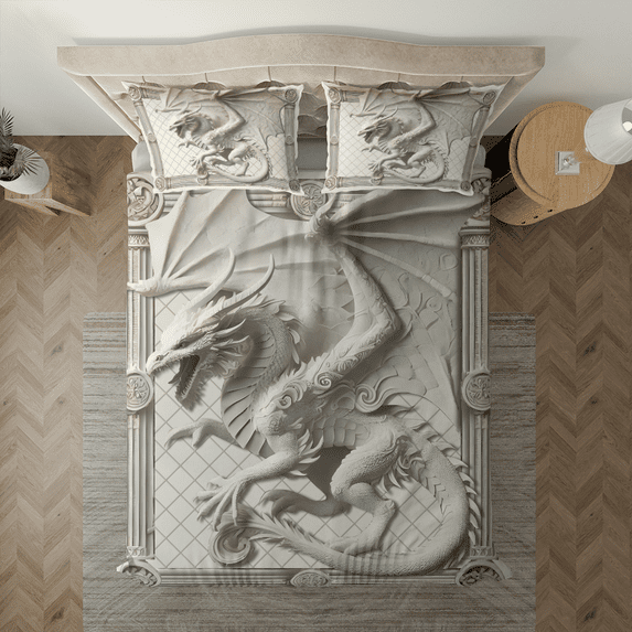 Lotusprinthandmade 3D White Dragon Lovers Bedding Set (Made in Vietnam) (104x88), Mystical Dragon-Themed Comforter Set