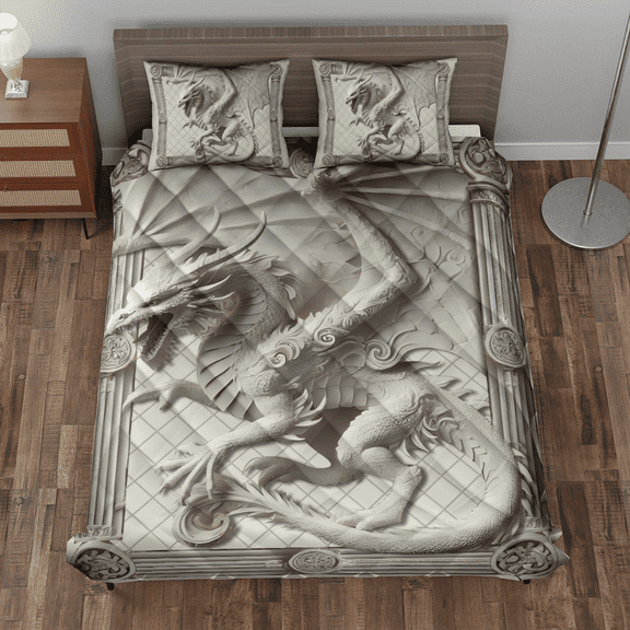 Lotusprinthandmade 3D White Dragon Lovers Quilt Bedding Set (Fold Hem) 5 Sizes (Made in Vietnam) (55x60), Mystical White Dragon-Themed Bedspread