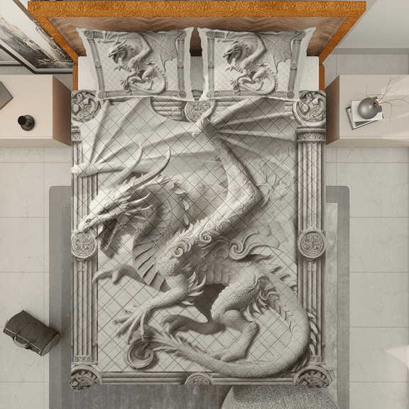 Lotusprinthandmade 3D White Dragon Lovers Quilt Bedding Set (White Binding) 5 Sizes (Made in Vietnam) (70x80), Mystical White Dragon-Themed Bedspread