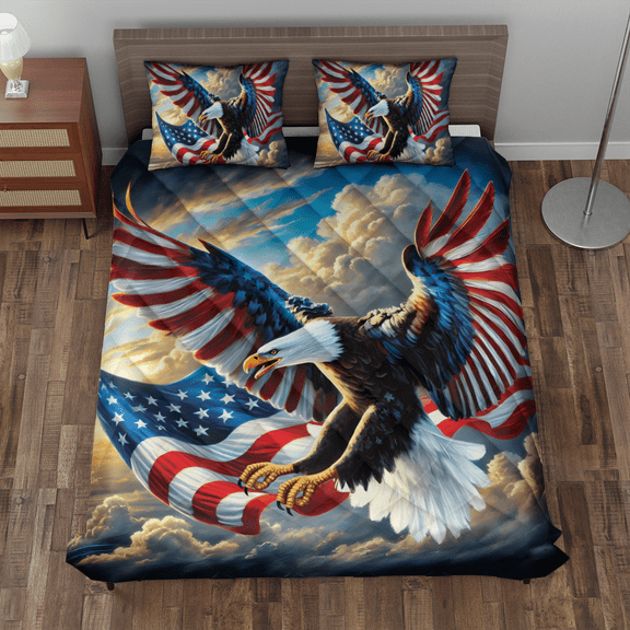 Lotusprinthandmade America Eagle Patriotic Quilt Bedding Set (Fold Hem) 5 Sizes (Made in Vietnam) (55x60), Eagle-Themed Patriotic Quilt Set