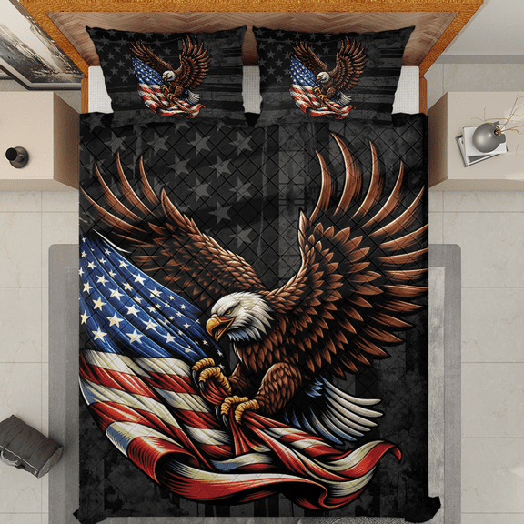 Lotusprinthandmade America Eagle Patriotic Quilt Bedding Set (White Binding) 5 Sizes (Made in Vietnam) (55x60), America-Themed Eagle Quilt Bedding Set, Pride Eagle Quilt Bed Set
