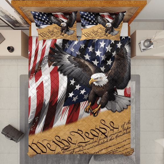 Lotusprinthandmade America Eagle Patriotic Quilt Bedding Set White Binding