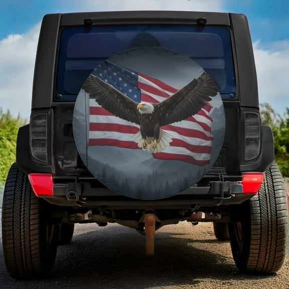 Lotusprinthandmade America Eagle US Flag Spare Tire Cover Without Backup Camera Hole 6 Sizes (27 in.), patriotic eagle wildlife tire cover, us flag eagle tire protector