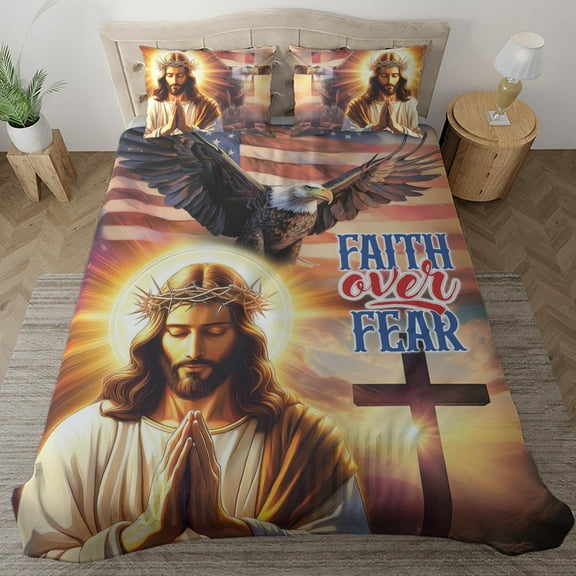 Lotusprinthandmade America Flag Eagle Jesus Bedding Set (Made in Vietnam) (60x80), custom name patriotic eagle and jesus bedspread