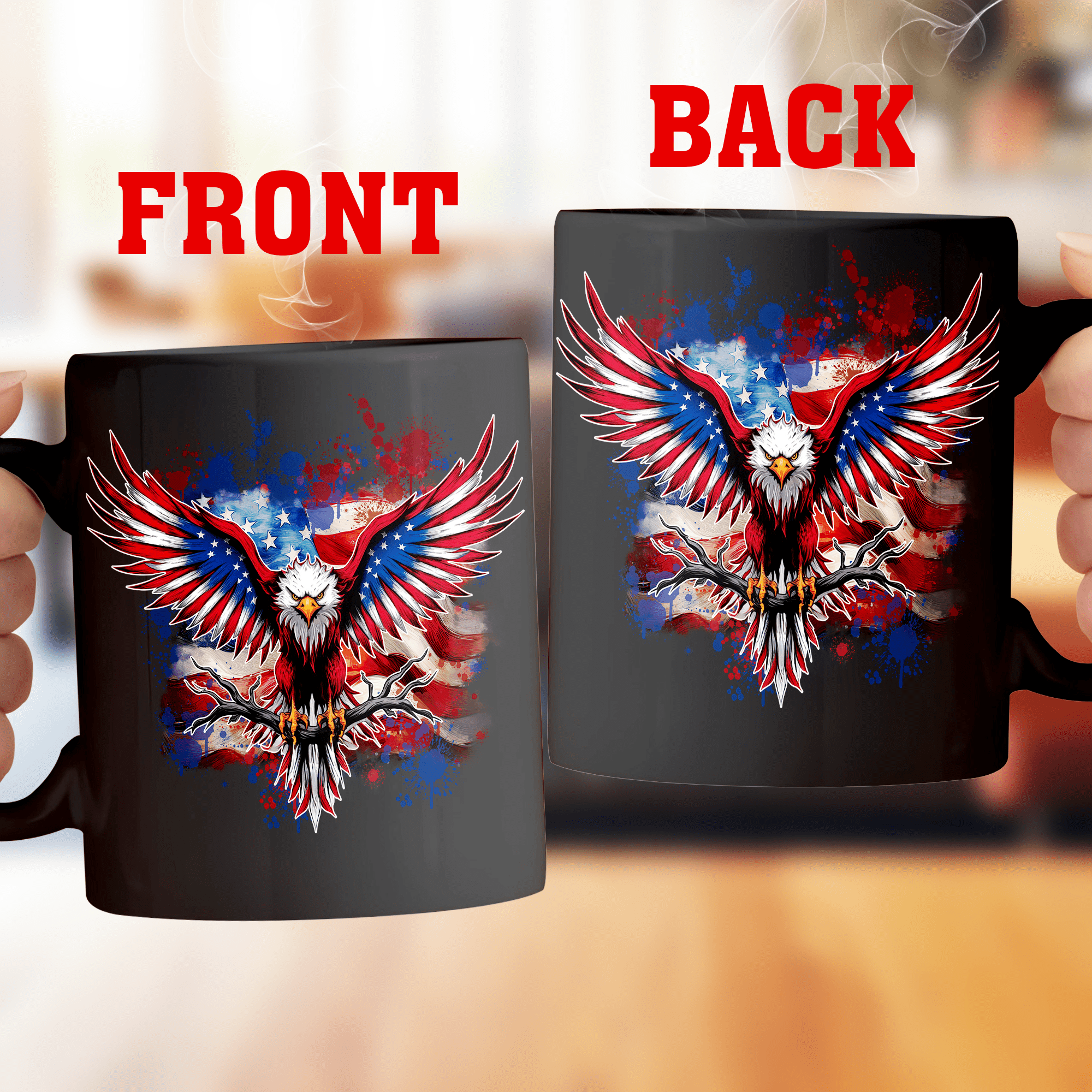 Lotusprinthandmade America Flag Eagle Patriotic Black Ceramic Mug (15oz) (Made In US), eagle patriotic tea mug, eagle ceramic cup
