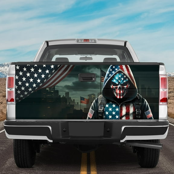 Lotusprinthandmade America Flag Skull Skeleton Tailgate Wrap 2 Sizes (24"x58"), patriotic skull truck tailgate graphic, america flag skeleton decal wrap