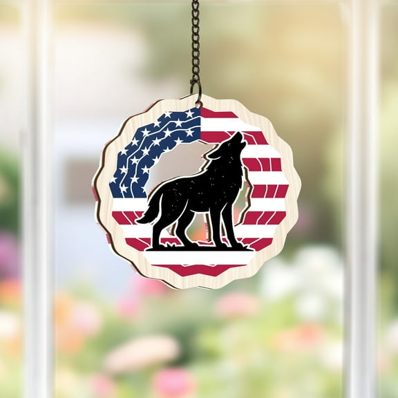 Lotusprinthandmade America Flag Wolf Custom Shape Window Hanging Suncatcher 3.5in, Patriotic Animal Decor, Rustic Wolf Gift
