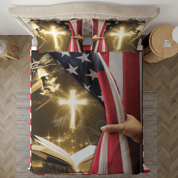 Lotusprinthandmade America Flag and Cross Jesus Bedding Set (Made in Vietnam) (60x80), Christian-Themed Bed Set, Faith-Inspired Bedding Set