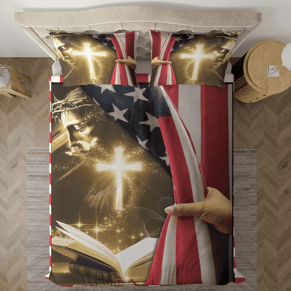 Lotusprinthandmade America Flag and Cross Jesus Bedding Set
