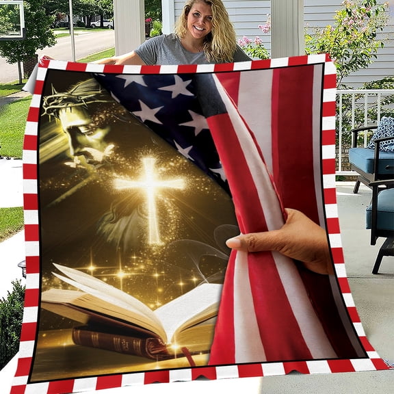 Lotusprinthandmade America Flag and Cross Jesus Fleece Blanket 2 Sizes (Made in US) (60"x50"), Patriotic Blanket With Cross And Jesus Design