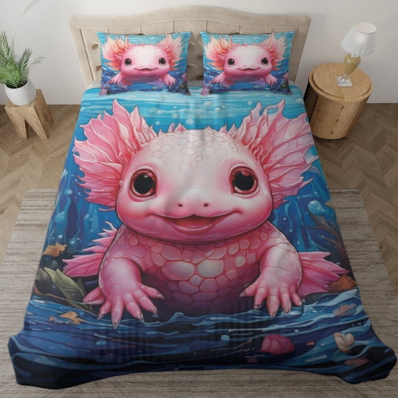 Lotusprinthandmade Axolotl Animal Bedding Set (Made in Vietnam) (60x80), Cute Axolotl Quilt Set, Funny Axolotl Bedding Set