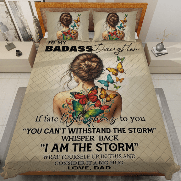 Lotusprinthandmade To My Badass Daughter Quilt Bedding Set (White Binding) 5 Sizes (Made in Vietnam) (55x60), Motivational Bedding For Daughters, Empowering Message Quilt Bedspread