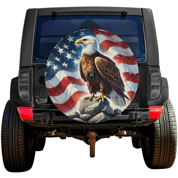 Lotusprinthandmade Bald Eagle America Flag Patriotic Spare Tire Cover With Backup Camera Hole 6 Sizes (27 in.), bald eagle tire cover