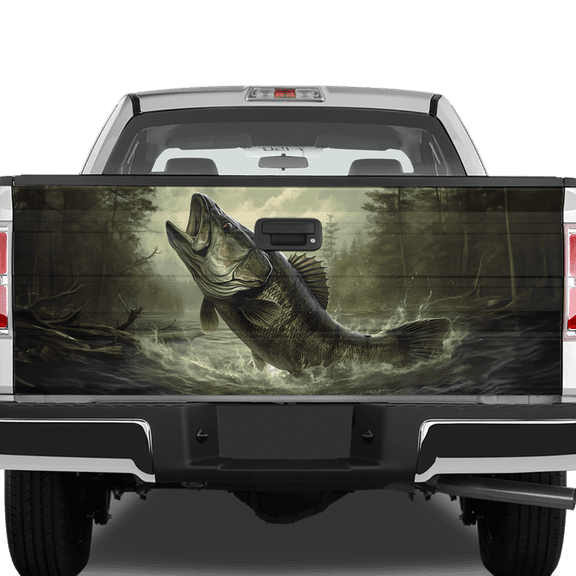 Lotusprinthandmade Bass Jumping Fishing Tailgate Wrap 2 Sizes, fishing tailgate decals for trucks, tailgate decals for trucks fishing