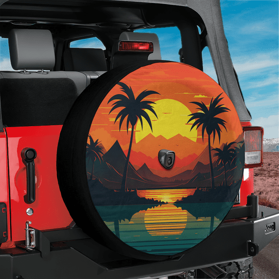 Lotusprinthandmade Beach Retro Summer Spare Tire Cover With Backup Camera Hole, Beach Tire Cover