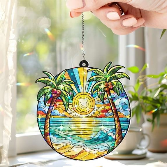 Lotusprinthandmade Beach Sunset Custom Shape Star Hologram Ornament 8in, beach themed hanging decoration, ocean sunset glass ornament