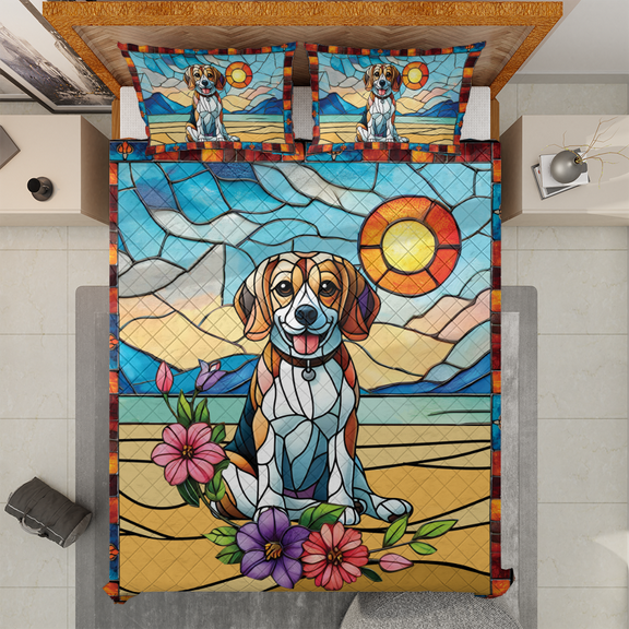 Lotusprinthandmade Beagle Dog Pattern Quilt Bedding Set (White Binding) 5 Sizes (Made in Vietnam) (55x60), beagle dog quilt, beagle dog quilt bed set