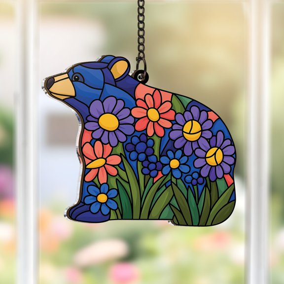 Lotusprinthandmade Bear Floral Custom Shape Window Hanging Suncatcher 8.9in, Rustic Nature Window Decor