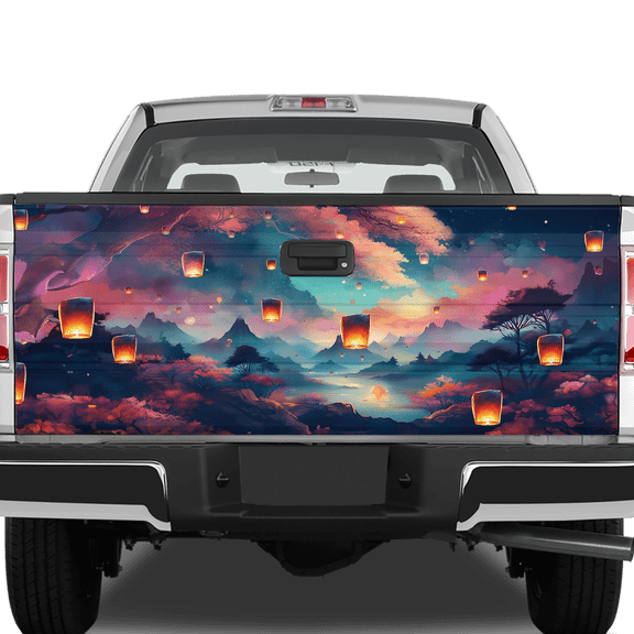 Lotusprinthandmade Beautiful Night Scene Japanese Fairy Landscape with Chinese Lanterns Tailgate Wrap 2 Sizes (24"x58")