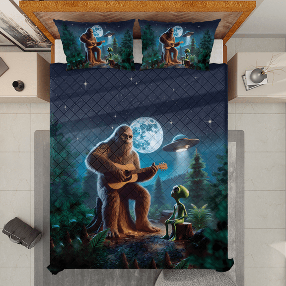 Lotusprinthandmade Bigfoot And UFO Quilt Bedding Set (White Binding) 5 Sizes (Made in Vietnam) (55x60), Sasquatch And Alien-Themed Quilt Set