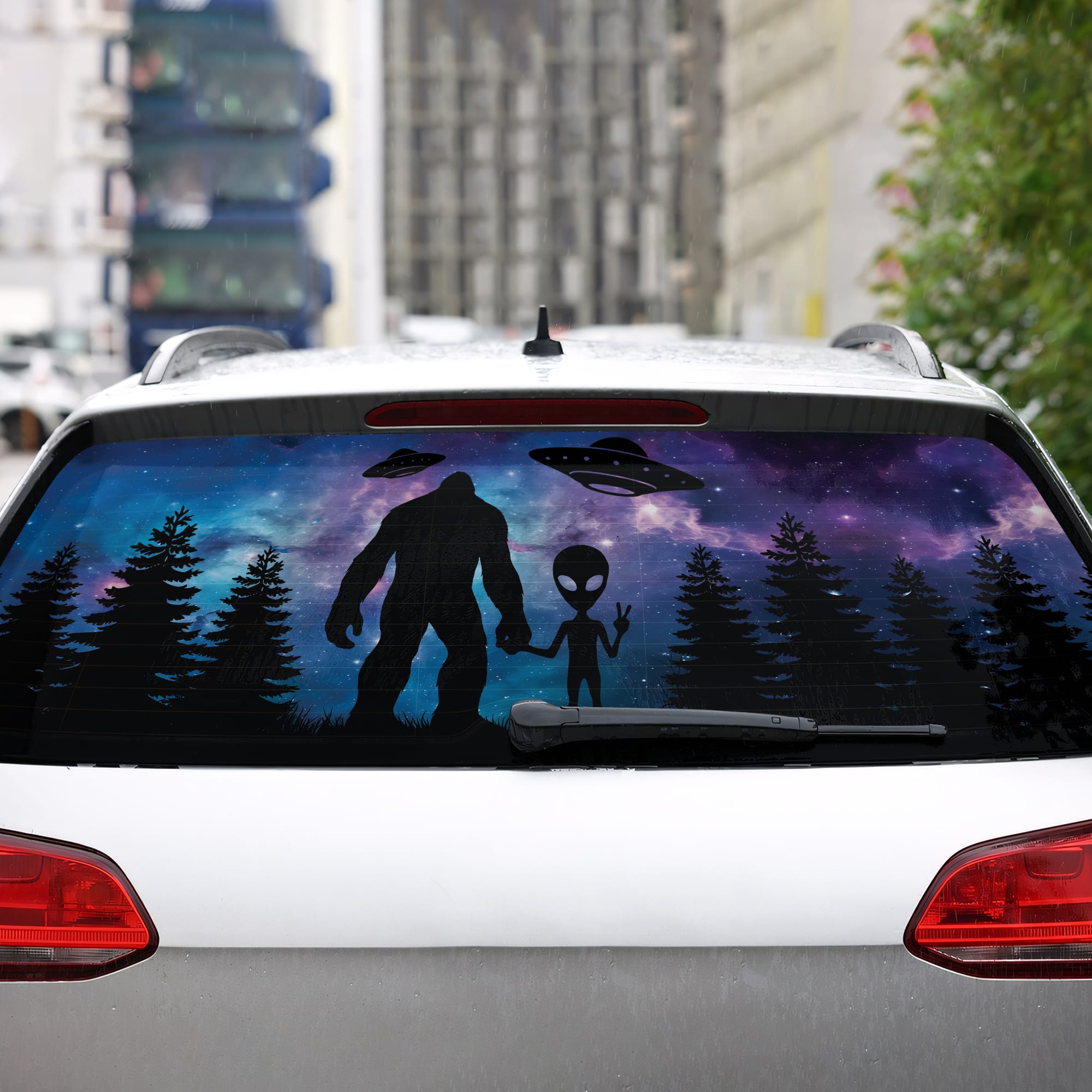 UFO With Bigfoot Decal - Small Vinyl Sticker For Windshield, Easter Egg Active Design