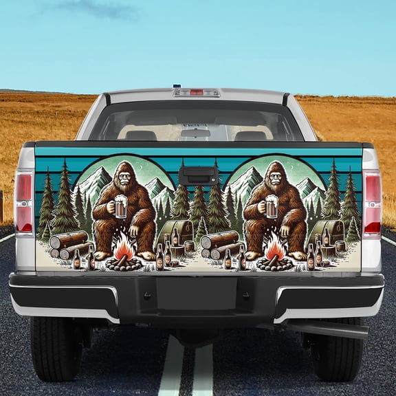 Lotusprinthandmade Bigfoot Camping with Beer Tailgate Wrap 2 Sizes (26"x66"), forest camping bigfoot tailgate cover, outdoor bigfoot truck wrap