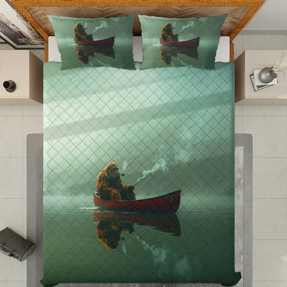 Lotusprinthandmade Bigfoot Fishing Quilt Bedding Set (White Binding) 5 Sizes (Made in Vietnam) (55x60), bigfoot quilt bedding set, bigfoot fishing comforter