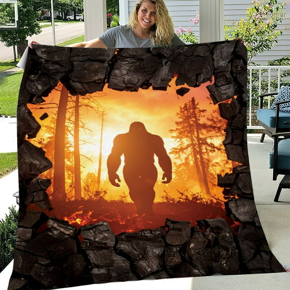 Lotusprinthandmade Bigfoot in Forest Fleece Blanket 2 Sizes (Made in US) (60"x50"), bigfoot throw, forest bigfoot blanket, forest theme bigfoot blanket