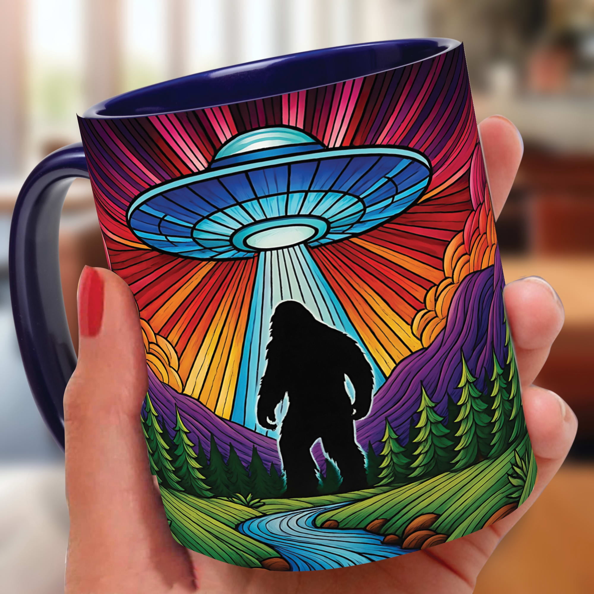 Lotusprinthandmade Bigfoot Lovers Light Blue Accent Mug (11oz) (Made In US), funny bigfoot coffee mug, bigfoot ceramic cup, bigfoot themed bigfoot mug, bigfoot drinkware