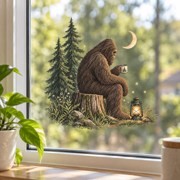 Lotusprinthandmade Bigfoot Moon Transparent Vinyl Decal, Sasquatch Forest Window Decor
