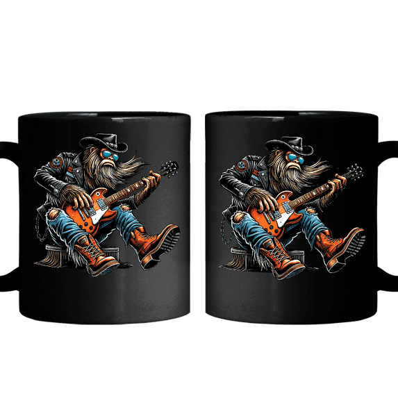 Lotusprinthandmade Bigfoot Playing A Electric Guitar Rock On Sasquatch Black Ceramic Mug (15oz) (Made In US), Funny Cryptid-Themed Coffee Mug, Quirky Bigfoot Music Lover’S Mug
