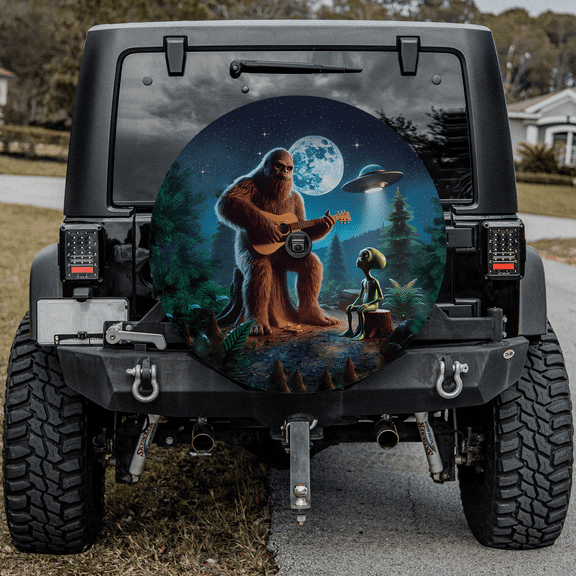 Lotusprinthandmade Bigfoot Plays Guitar At Night And UFO Spare Tire Cover With Backup Camera Hole 6 Sizes (27 in.)