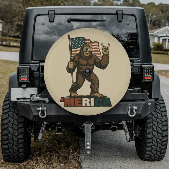 Lotusprinthandmade Bigfoot Rock USA Flag Spare Tire Cover With Backup Camera Hole 6 Sizes (34 in. V2)
