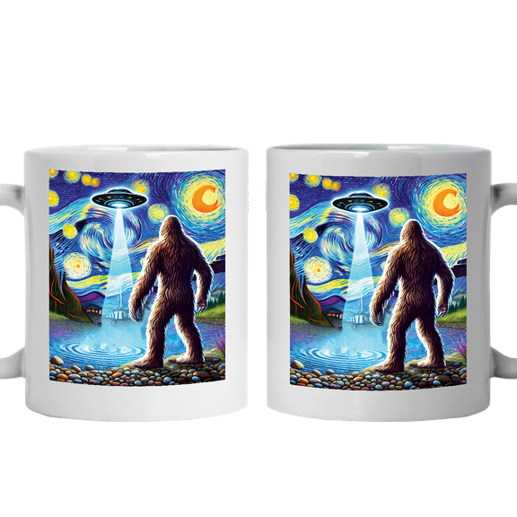 Lotusprinthandmade Bigfoot UFO Night White Ceramic Mug (11oz) (Made In US), Funny Bigfoot Coffee Mug, Quirky Sasquatch Guitar Design