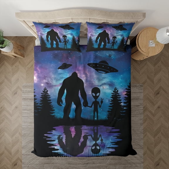 Lotusprinthandmade Bigfoot and UFO 3D Bedding Set (Made in Vietnam) (88x88), Funny UFO Bigfoot Comforter Cover for Bedroom
