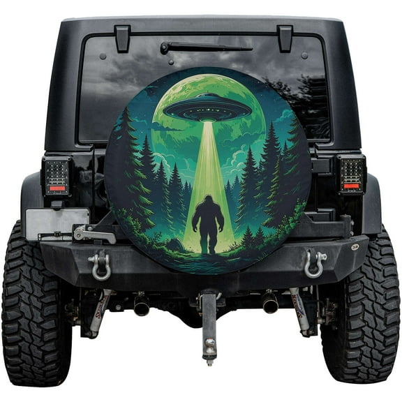 Lotusprinthandmade Bigfoot and UFO Forest Themed Spare Tire Cover Without Backup Camera Hole 6 Sizes (27 in.), funny bigfoot and ufo tire cover