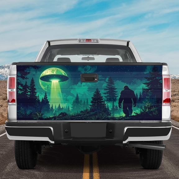 Lotusprinthandmade Bigfoot and UFO Forest Themed Tailgate Wrap 2 Sizes (26"x66"), bigfoot lovers ufo truck wrap, bigfoot and ufo forest wrap