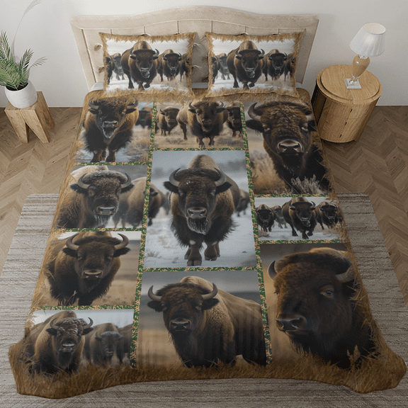 Lotusprinthandmade Bisons Bedding Set (Made in Vietnam) (60x80), Bisons Lovers Bedding Set, bisons print bedspread