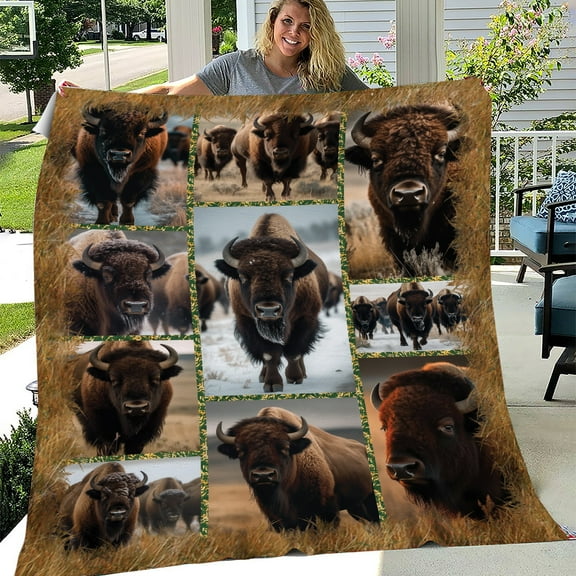 Lotusprinthandmade Bisons Fleece Blanket 2 Sizes (Made in US) (60"x50"), Bisons Animal Blanket, Bisons Lovers Blanket