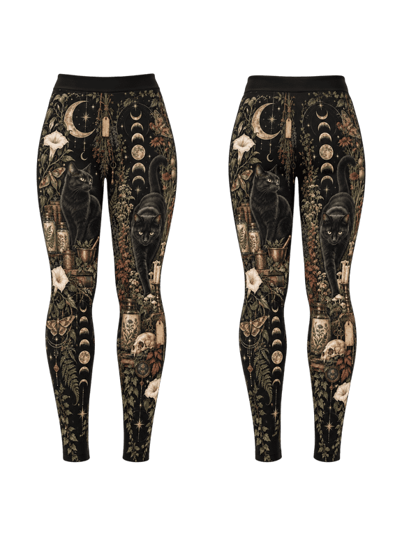 Black Cat Lunar Apothecary Standard Leggings, Gothic Moon Yoga Pants