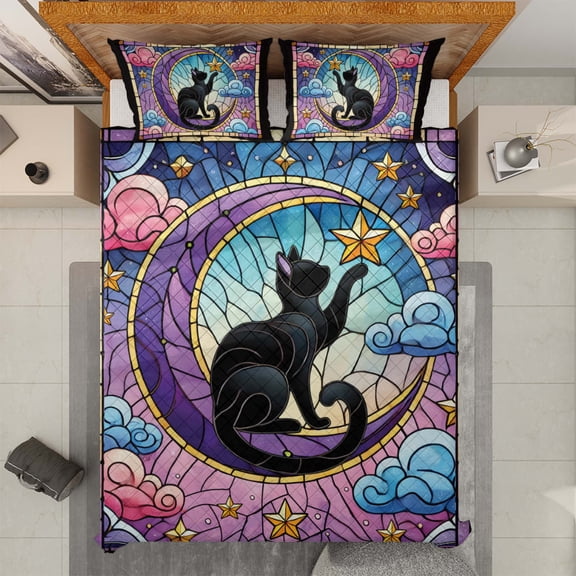 Lotusprinthandmade Black Cat On Purple Moon Halloween Quilt Bedding Set (White Binding) 5 Sizes (Made in Vietnam) (90x100), Gift Idea for Enthusiasts
