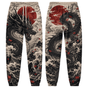 Lotusprinthandmade Black Dragon Crimson Moon Sweatpants, Gothic Fantasy Jogger Pants