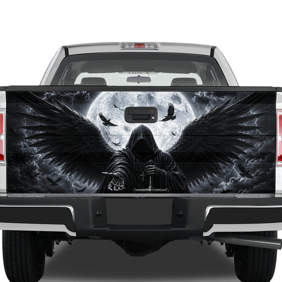 Lotusprinthandmade Black Winged Grim Reaper Tailgate Wrap, Gothic Pickup Decor