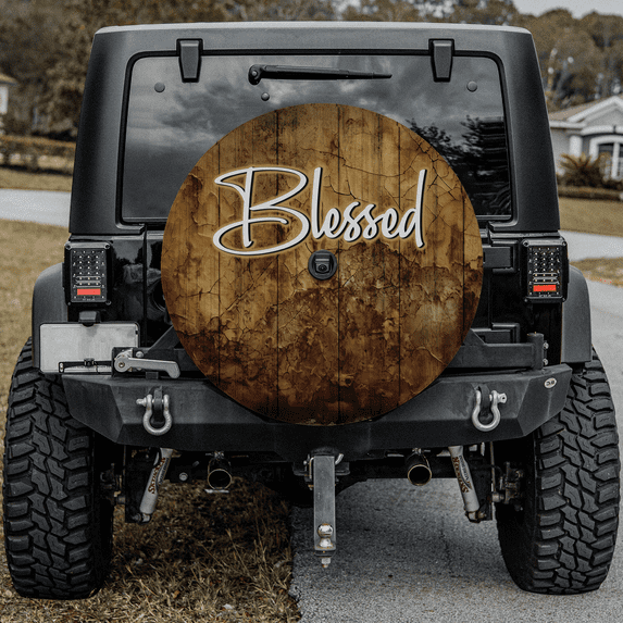 Lotusprinthandmade Blessed Spare Tire Cover With Backup Camera Hole 6 Sizes (27 in.), Faith-Themed Tire Cover, Inspirational Quote Tire Cover