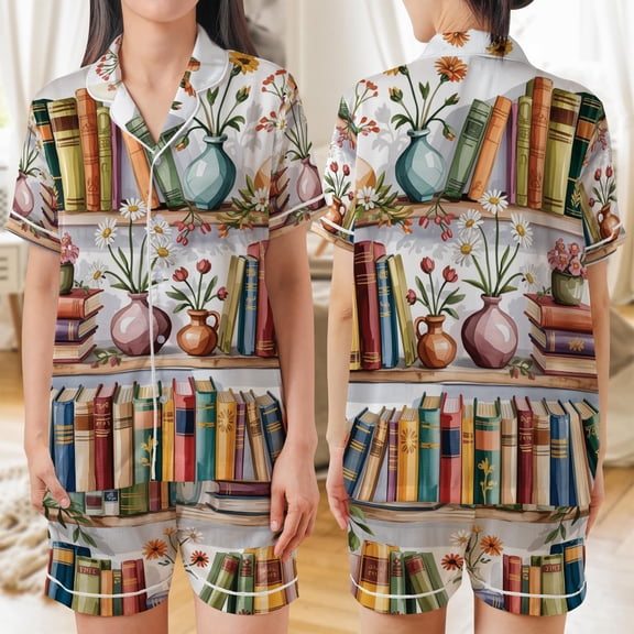 Lotusprinthandmade Book Reading All-over Print Satin Short-Sleeve Pajamas Set (L) – Reading Graphic Pajamas